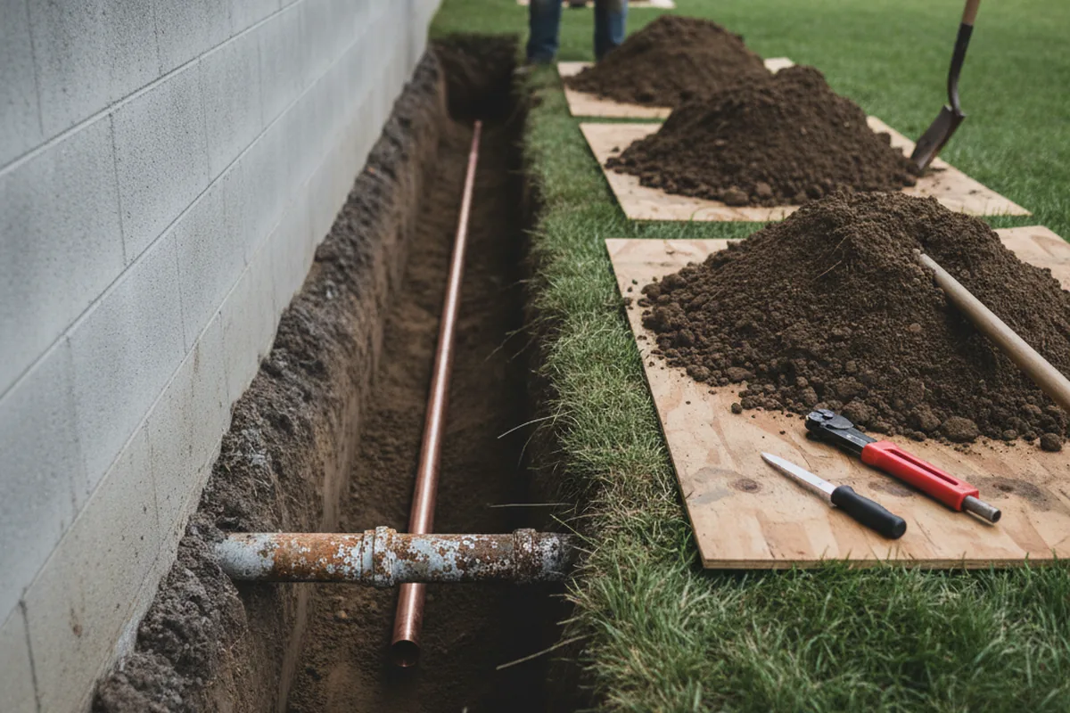 Excavated water line trench during Sewer Line Repair in Clarksville